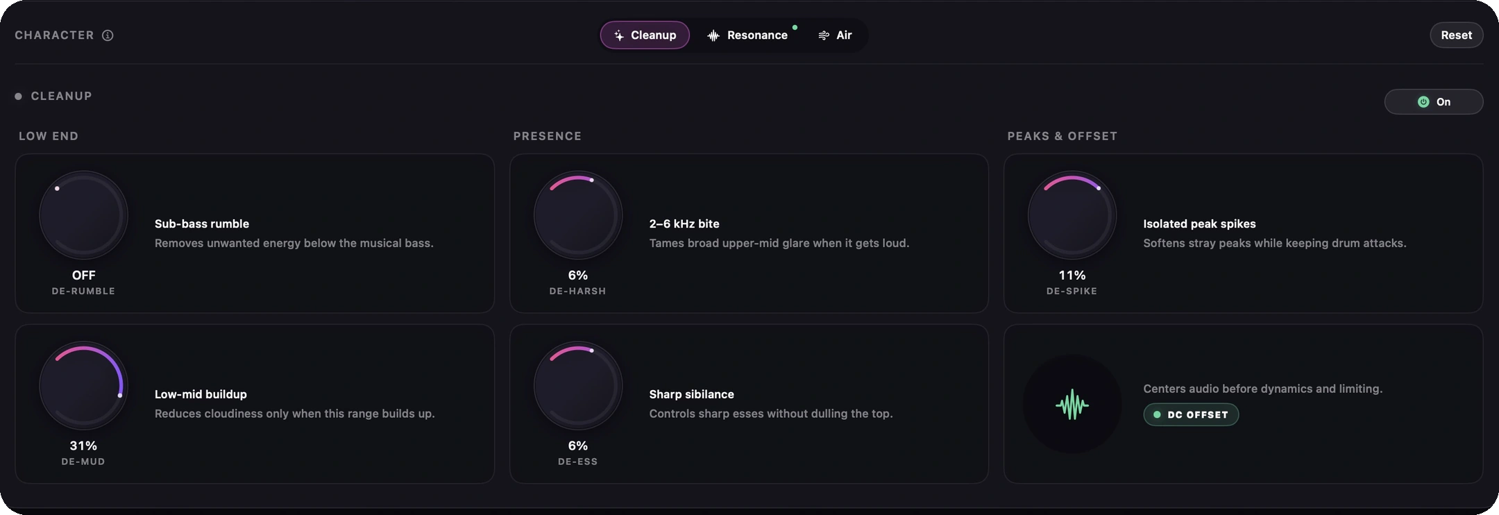Current Character Cleanup panel in Dark mode with grouped Low End, Presence, and Peaks and Offset controls