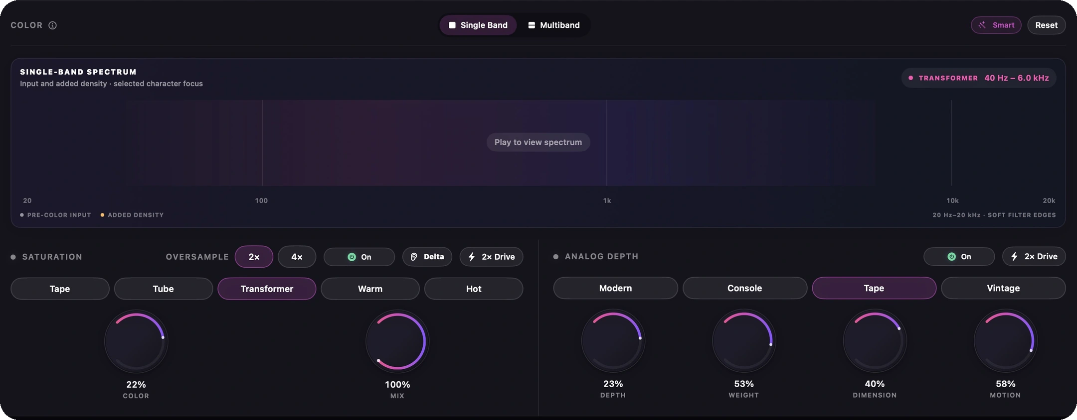 Current Color panel in Dark mode with the single-band spectrum display, saturation character and oversampling controls, and Analog Depth controls