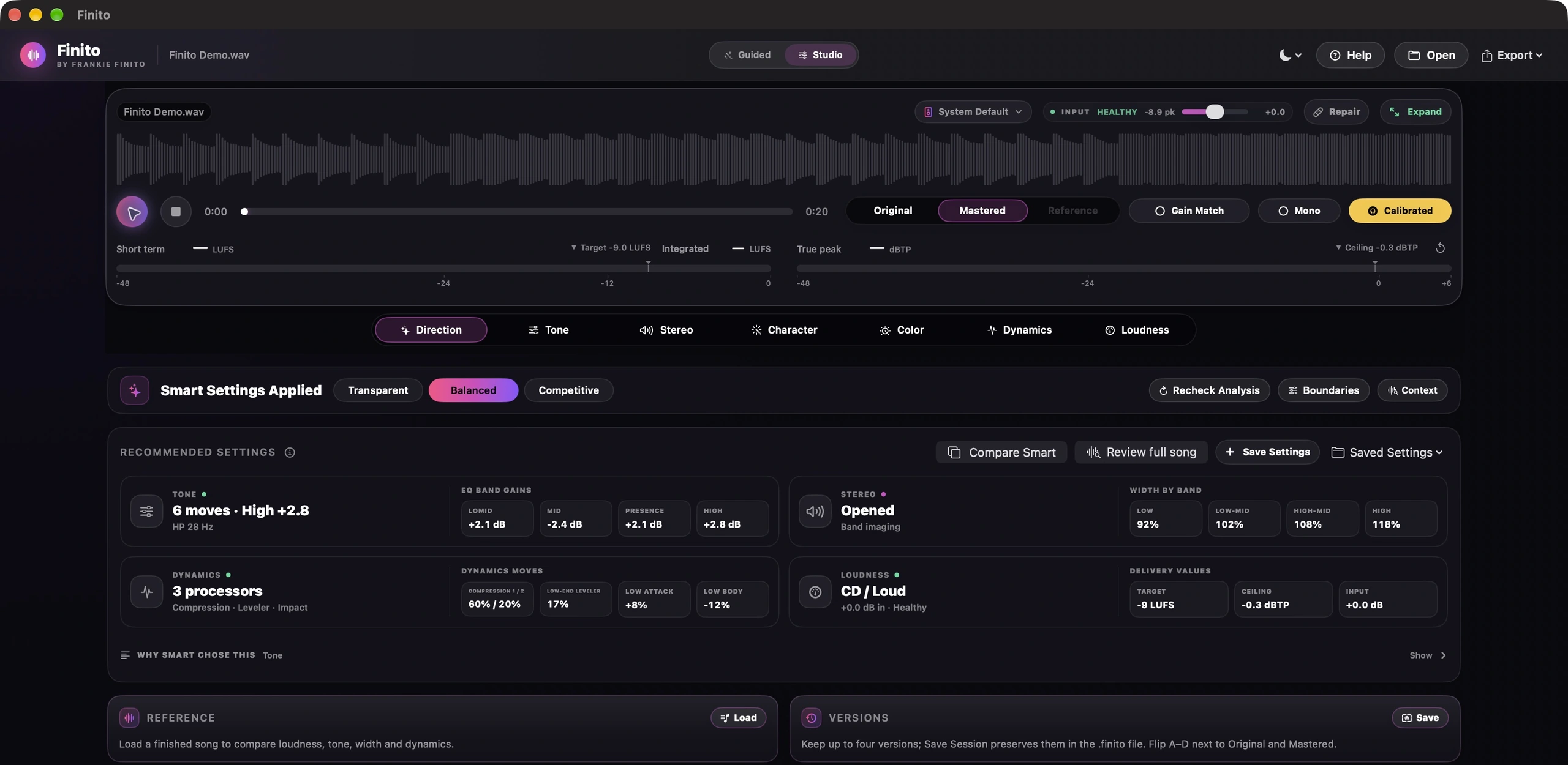 Finito Studio in dark mode with the waveform, playback meters, detailed Smart recommendations, Compare Smart and Review full song