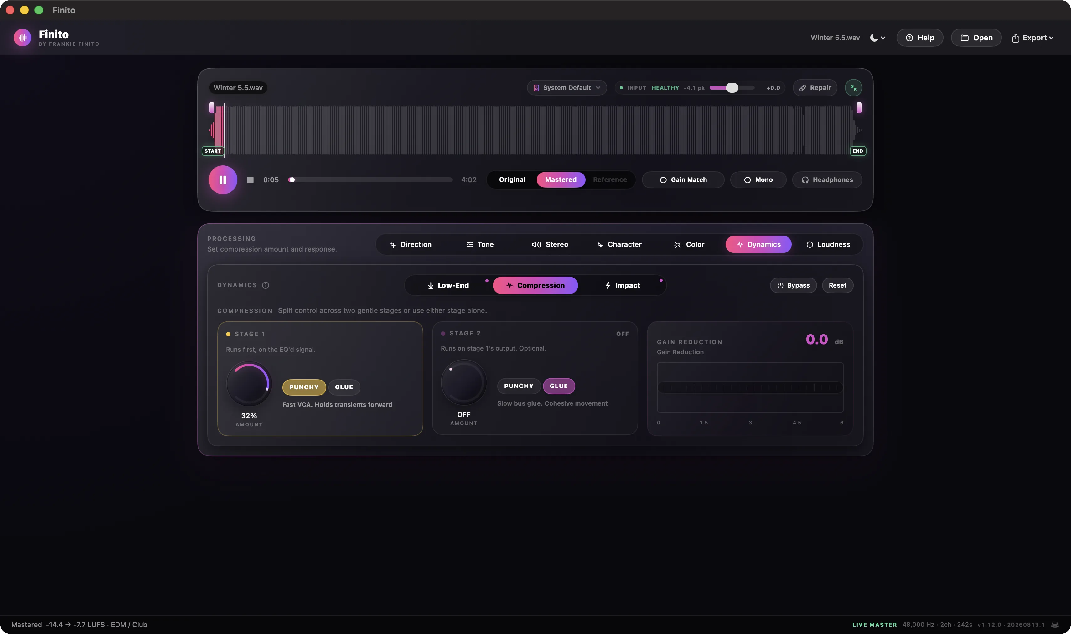 Full Finito window on Dynamics: Low-End, Compression, and Impact sub-tabs, two compression stages with Punchy and Glue, a live gain-reduction meter, and per-band Impact gain