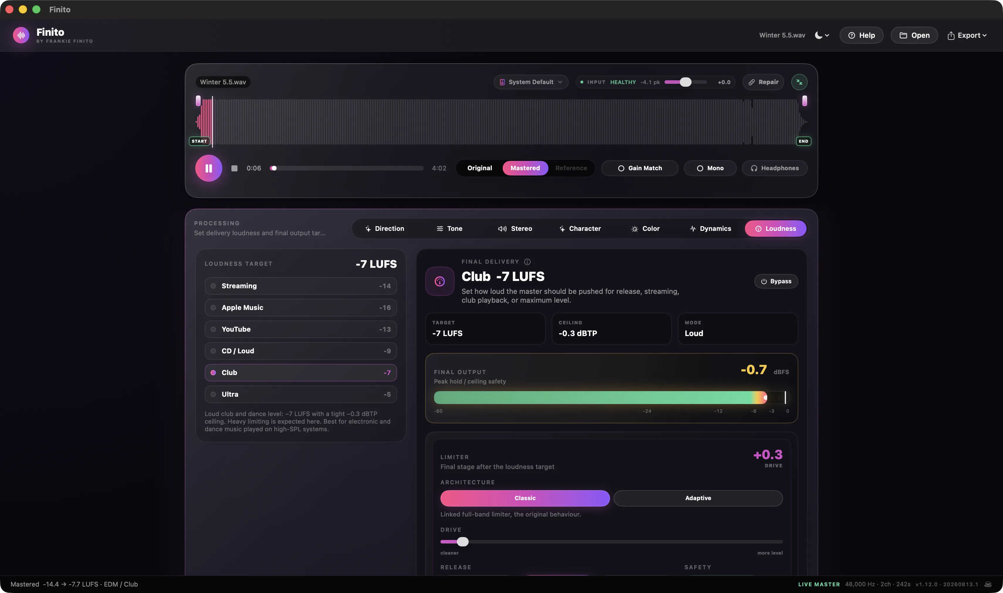 Full Finito window on Loudness: Streaming through Ultra targets, Final Delivery, live output meter, Classic/Adaptive limiter, and Drive