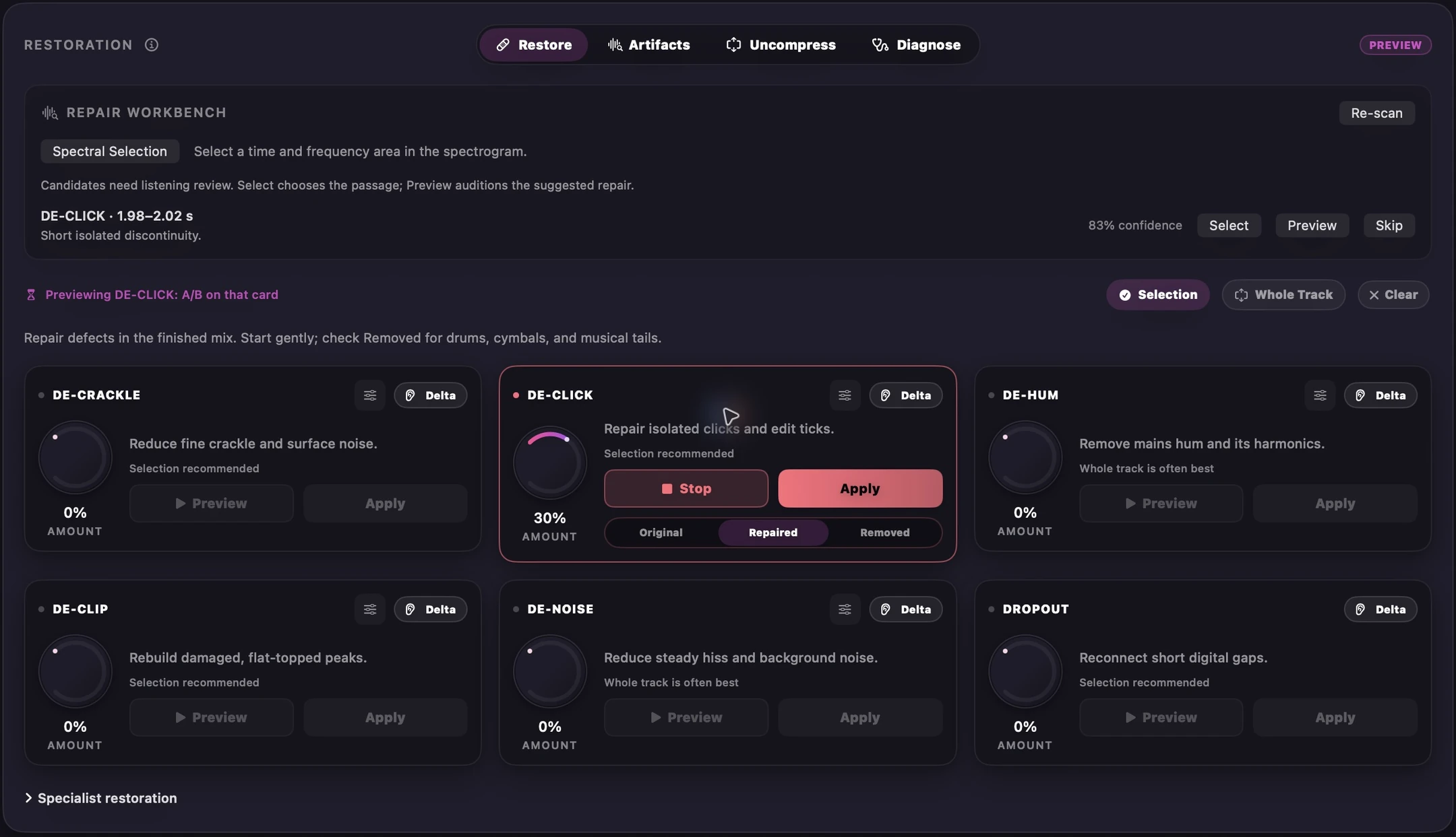 Current Restoration workspace in Dark mode with reviewable scan findings, compact mastering repair cards and Original, Repaired and Removed preview controls