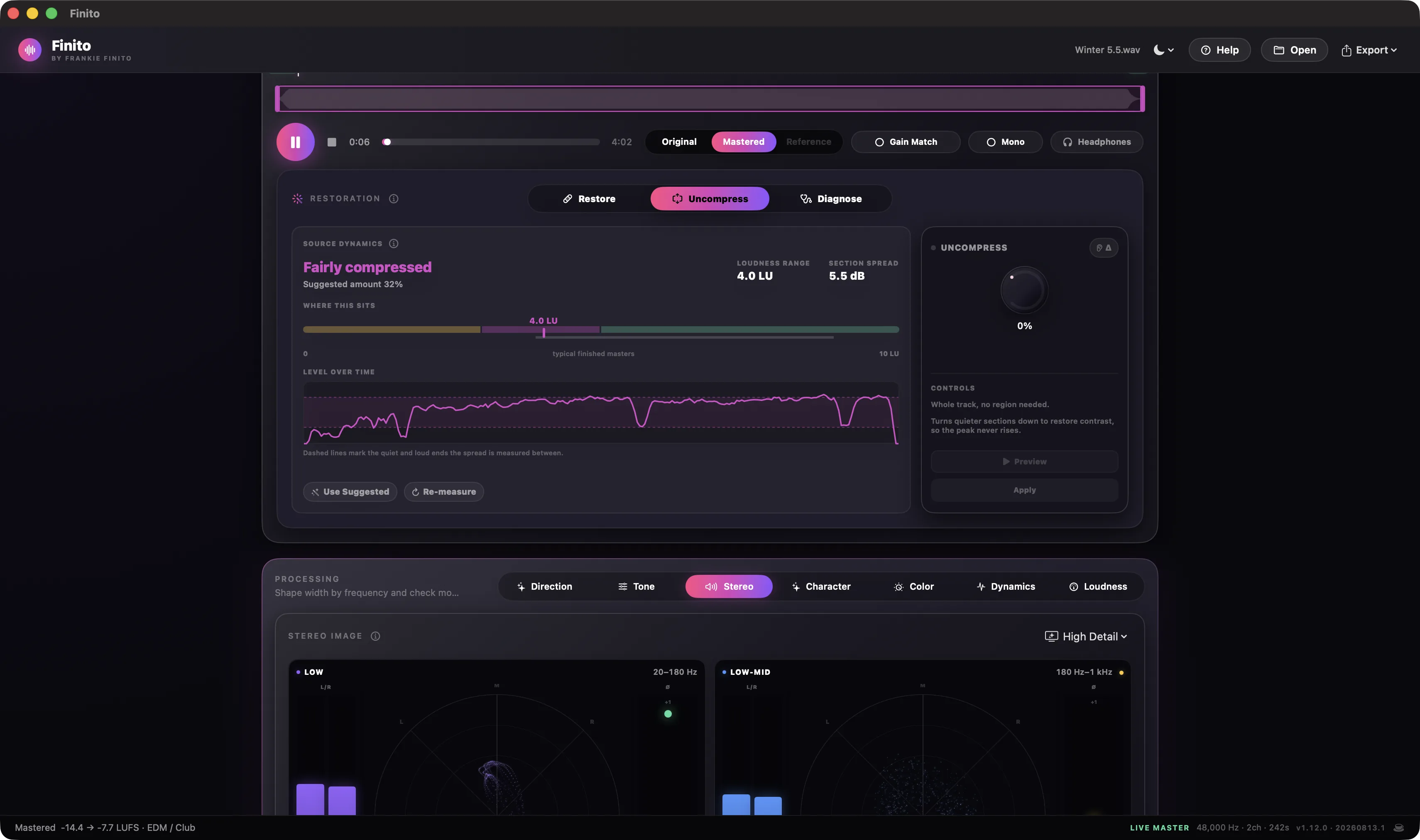Full Finito window on Uncompress: Restore, Uncompress, and Diagnose, a Fairly compressed verdict, loudness-range scale, level-over-time plot, and Preview/Apply