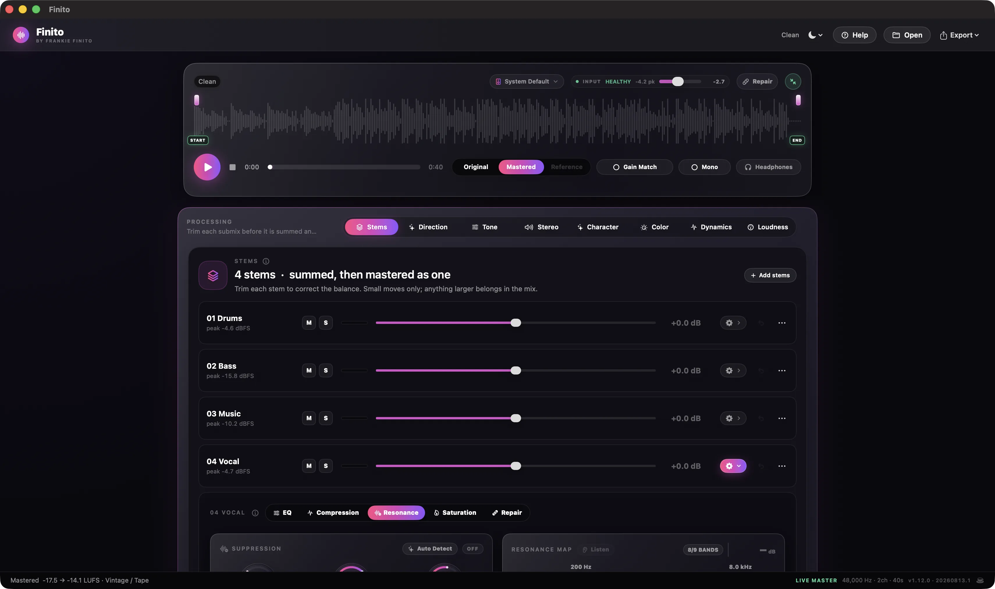 Full Finito window on Stems: four stem rows with mute, solo, and trim, and the vocal stem's Resonance editor open showing Suppression and the resonance map