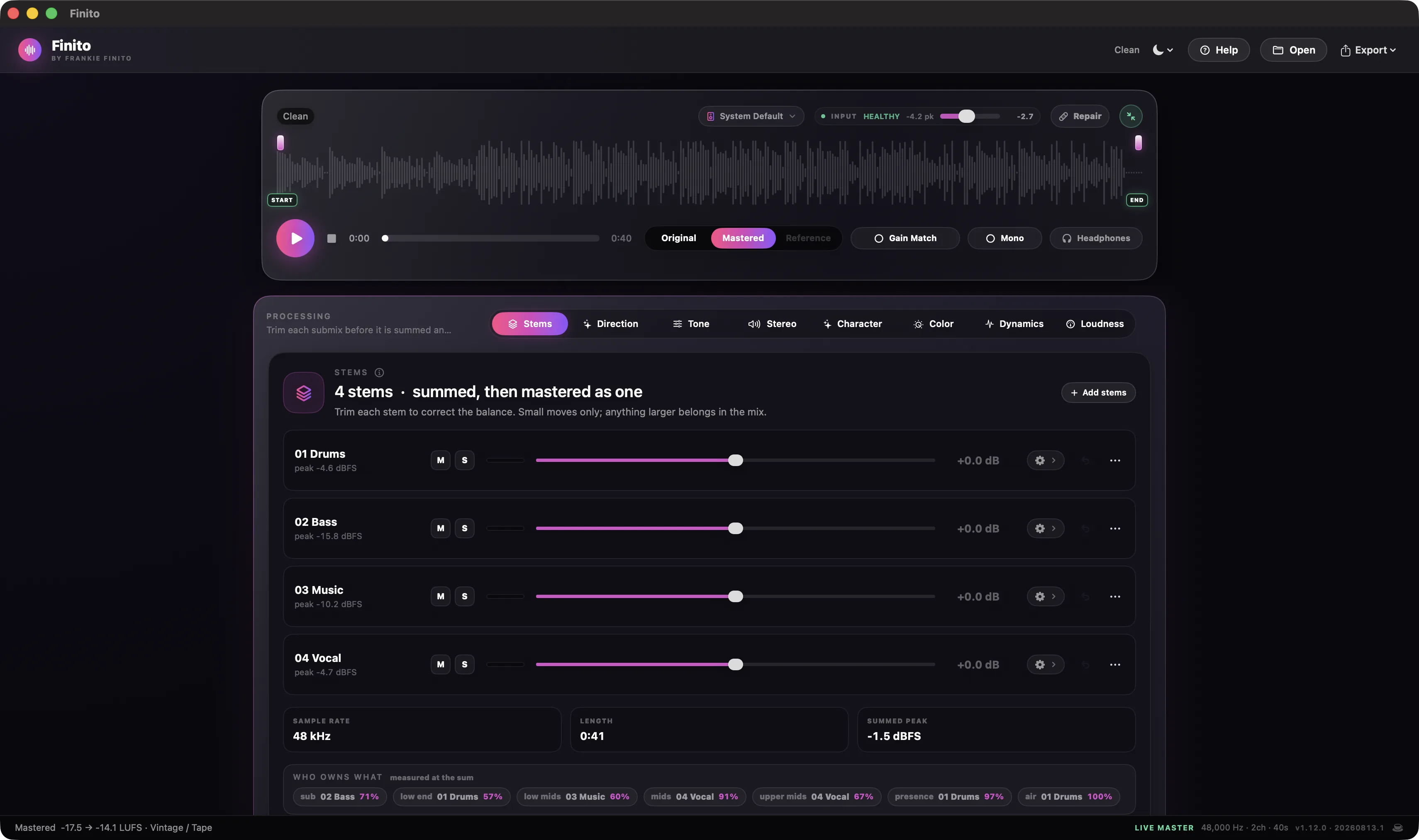 Full Finito window on a four-stem session: Drums, Bass, Music, and Vocal rows, each with mute, solo, and a trim slider