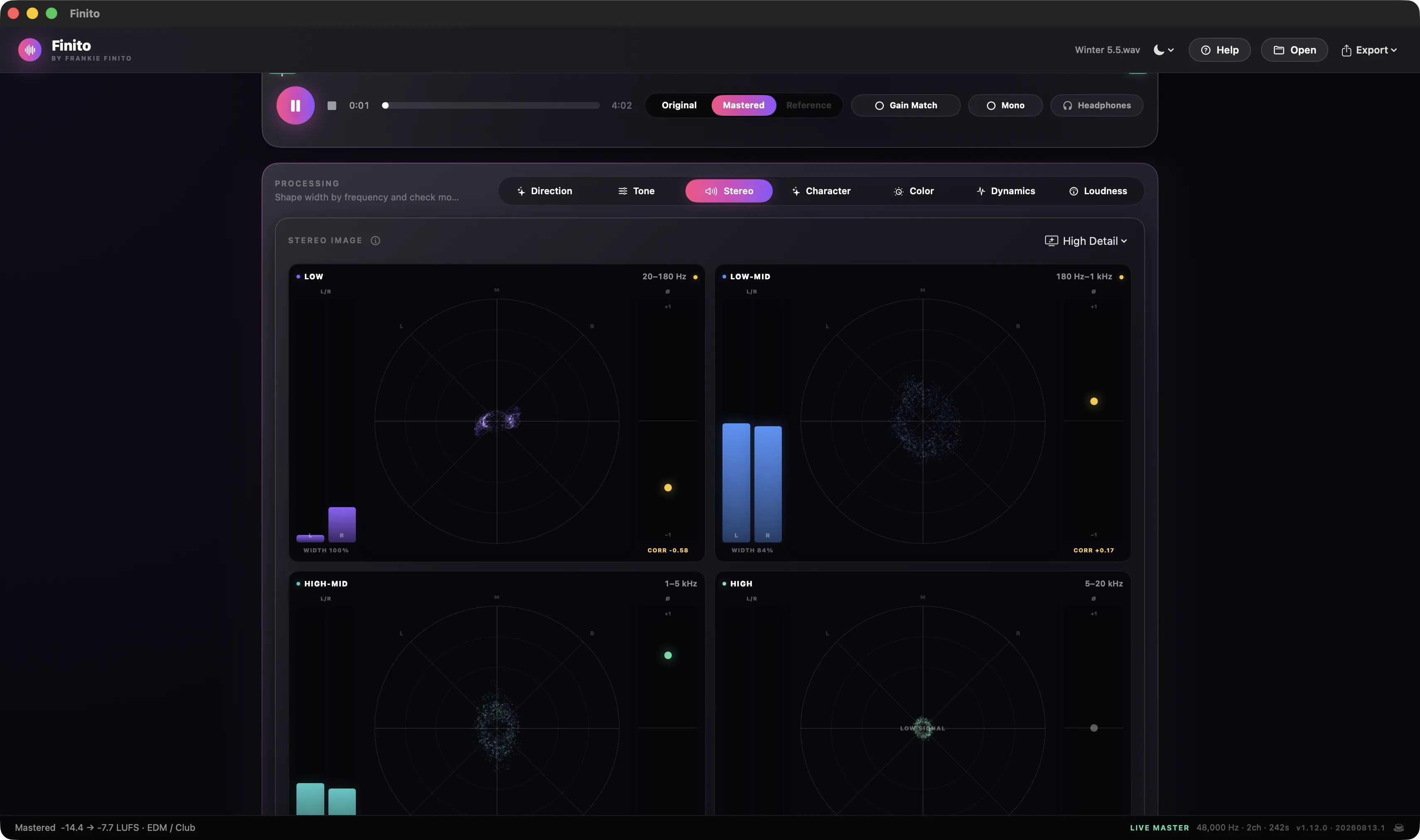 Full Finito window on Stereo: four Lissajous particle fields for Low, Low-Mid, High-Mid, and High, each with L/R level rails, correlation, and WIDTH readouts