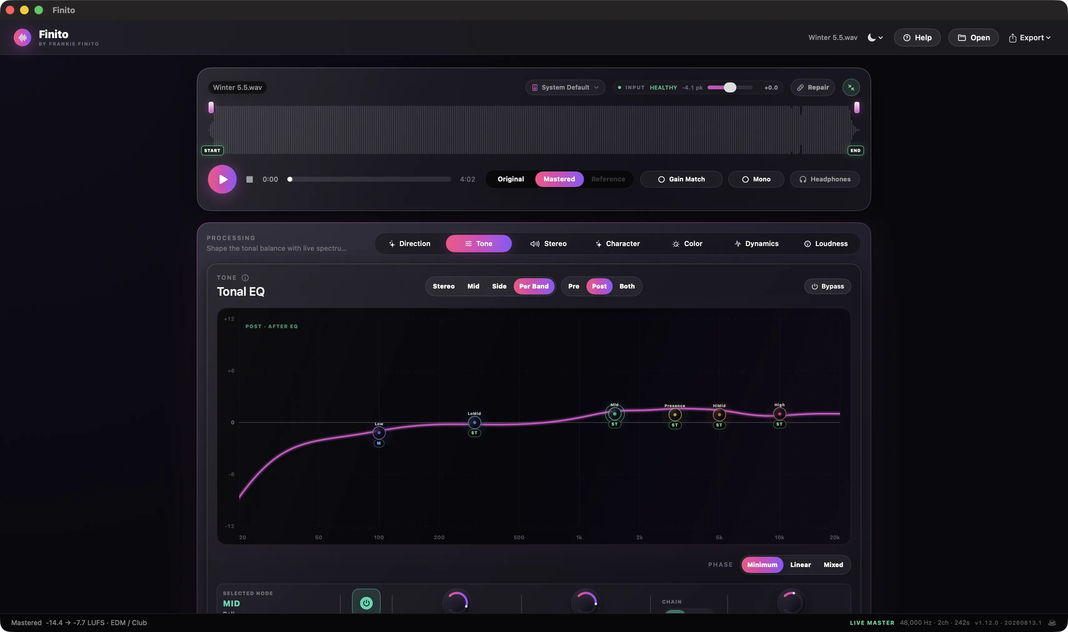 Full Finito window on Tone: six nodes on the live curve, Stereo/Mid/Side/Per Band routing, Pre/Post/Both analyzer, Minimum/Linear/Mixed phase, and the selected-node controls